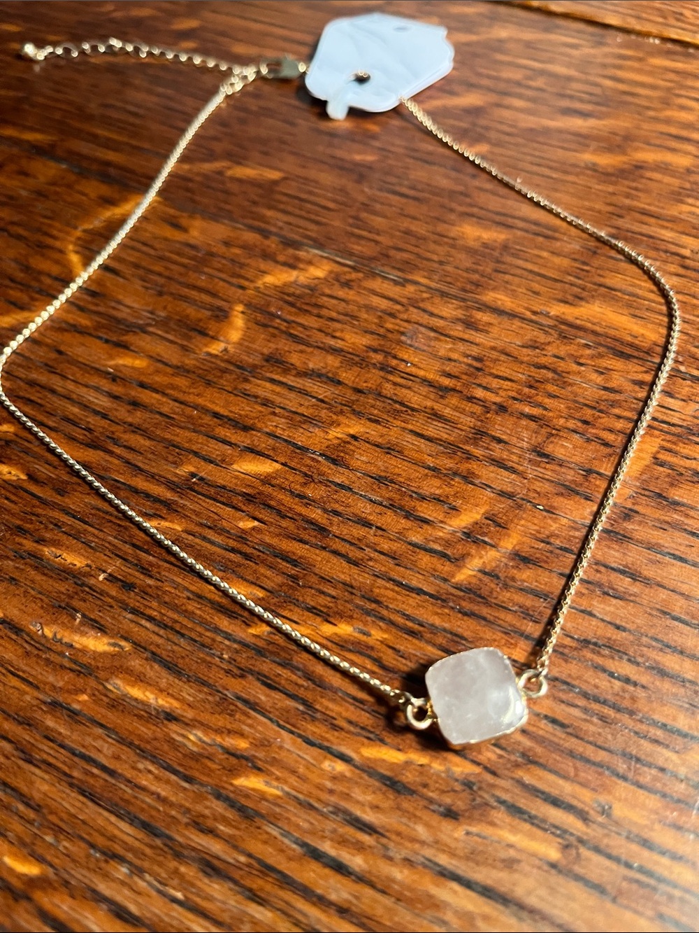 Gold Chain Necklace with White Rose Quartz Square Pendant